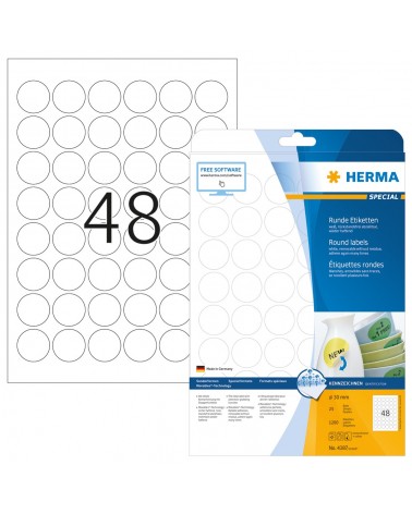 icecat_HERMA Étiquettes amovibles A4 Ø 30 mm rondes, blanches, Movables amovibles, papier mat, 1200 pcs
