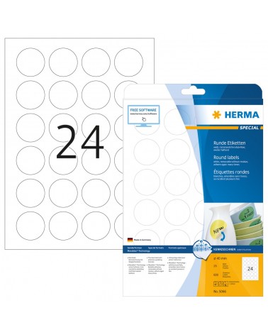 icecat_HERMA Removable labels A4 Ø 40 mm round white Movables removable paper matt 600 pcs.