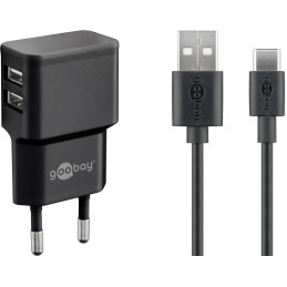 icecat_Goobay USB-C Charger Set (12 W), power unit with 2x USB ports and USB-C cable, 1 m, black