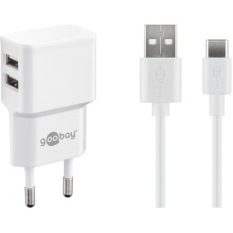 icecat_Goobay USB-C-Dual-Ladeset (12 W), Netzteil mit 2x USB-Anschlüssen, USB-C-Kabel, 1 m, weiß